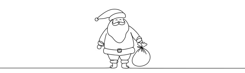 Single drawing with continuous line on white background. Santa Claus with sack of presents on minimalistic background	