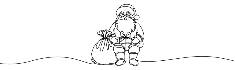 Single drawing with continuous line on white background. Santa Claus with sack of presents on minimalistic background	