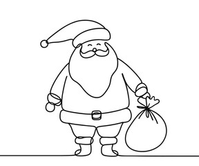Single drawing with continuous line on white background. Santa Claus with sack of presents on minimalistic background	