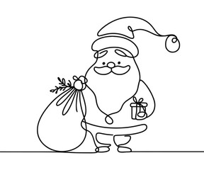 Single drawing with continuous line on white background. Santa Claus with sack of presents on minimalistic background	