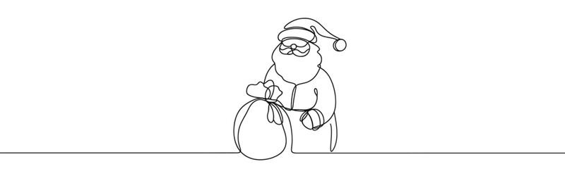 Single drawing with continuous line on white background. Santa Claus with sack of presents on minimalistic background	
