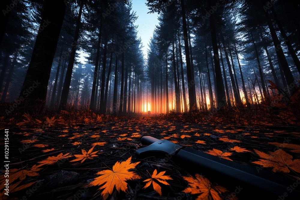 Poster detailed shot of a mist-covered european forest at dawn, with soft light filtering through the trees