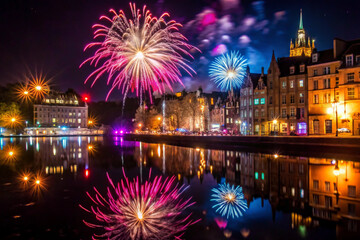 Vibrant Fireworks Over Edinburgh Night Sky with City Reflections