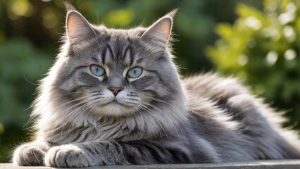 Obraz premium Blue siberian cat lying outside in the garden