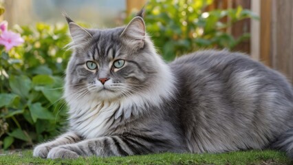 Fototapeta premium Blue siberian cat lying outside in the garden
