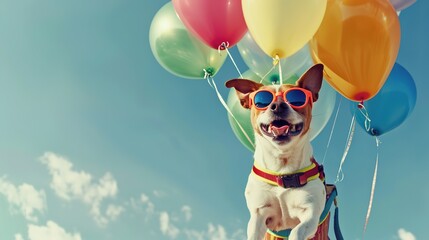 Joyful Dog in Vibrant Costume with Floating Balloons Against Clear Blue Sky, Offering Ample Copy Space for Text or Design