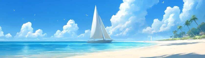 Naklejka premium Tropical Paradise with Sailboat and White Sandy Beach