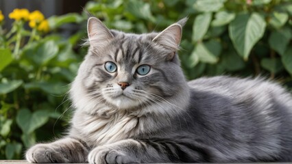 Obraz premium Blue siberian cat lying outside in the garden