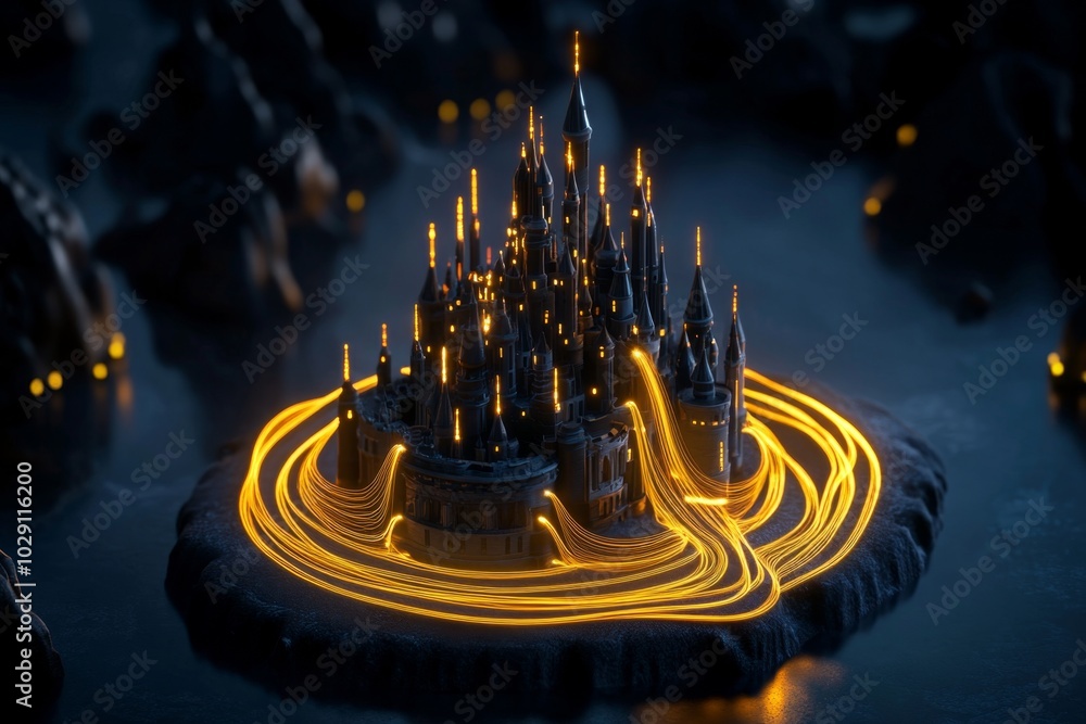 Poster fantasy castle with glowing fiber optic threads running through its walls, enabling magical media st
