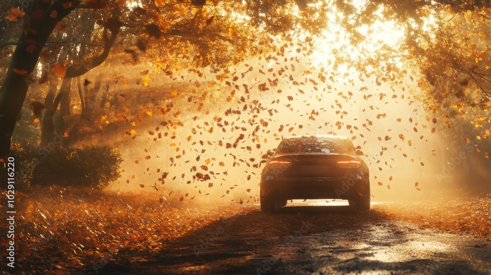 Aufkleber a sleek car moves along a winding forest trail as vibrant autumn leaves fall from the trees. the war