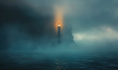 Lighthouse beacon cutting through foggy coastal air, 4K hyperrealistic photo