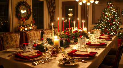 An elegant Christmas dining room with a long table set with candles red and gold table settings and festive greenery.