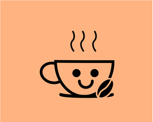 Cute cartoon coffee cup with smiling face isolated on pink, and coffee beans. illustration of enjoying coffee at break time, flat style vector.