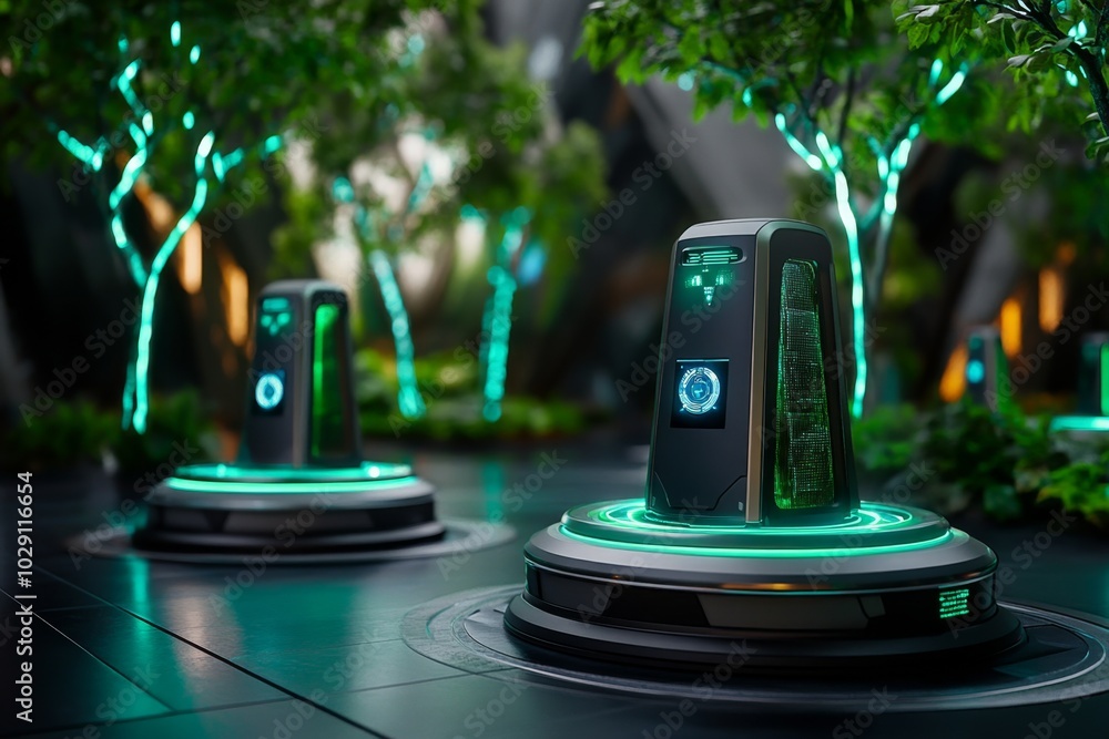 Aufkleber futuristic forest where trees are bioluminescent, glowing with soft blue and green light, and techno