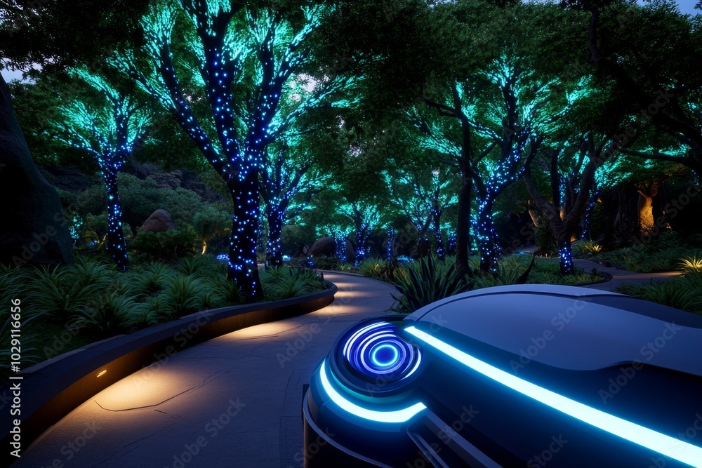 Poster futuristic forest where trees are bioluminescent, glowing with soft blue and green light, and techno