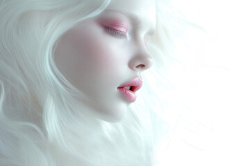 Fototapeta premium Blonde person with bold pink makeup and stylish hair, on a plain white background. PNG transparent.