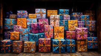 Fototapeta premium Stack of Colorful Gift Boxes with Gold Ribbons and Bows