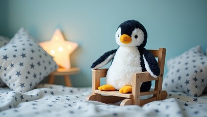 Adorable plush penguin toy on rocking chair star cushions soft star nightlight