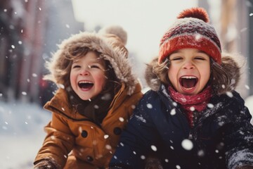 Portrait of a smiling kids enjoying sledding while snowing outside