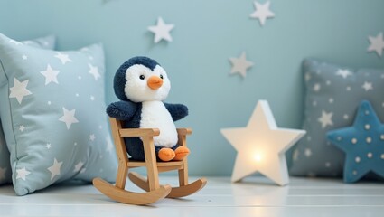 Adorable plush penguin toy on rocking chair star cushions soft star nightlight