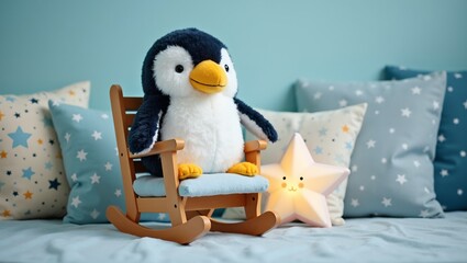 Adorable plush penguin toy on rocking chair star cushions soft star nightlight