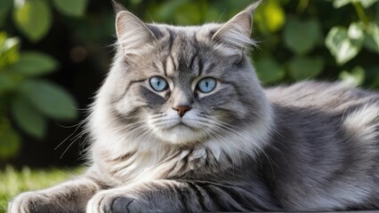 Obraz premium Blue siberian cat lying outside in the garden