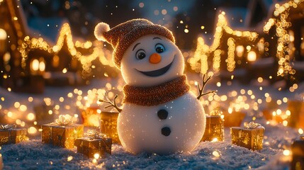 Fototapeta premium Happy Snowman with Christmas Lights and Gifts