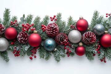 Christmas composition of fir branches and ornaments, red and silver ornaments, twinkling fairy lights on a pure white background. Generative AI