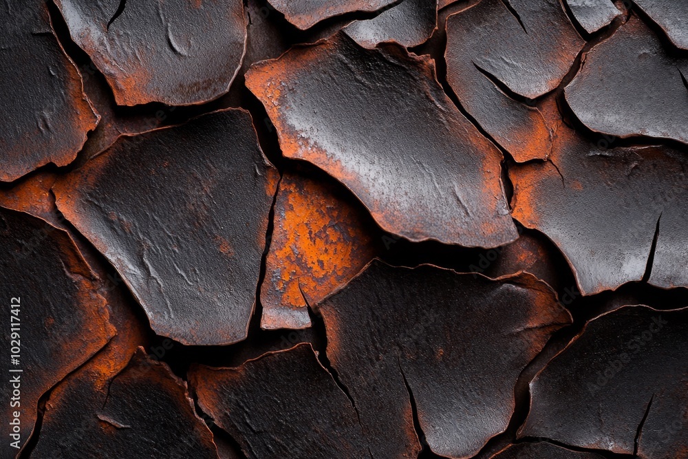 Poster hyper-realistic close-up of rust on an old metal surface, with intricate details of the corroded tex