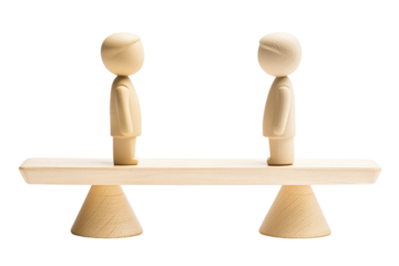 Male and female figurines standing on a balance scale, on a plain white background. PNG transparent.