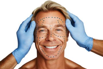 Blonde man smiling with cosmetic surgery lines on a plain white background. PNG transparent.