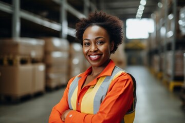 Fototapeta premium Portrait of a smiling African American female worker at factory