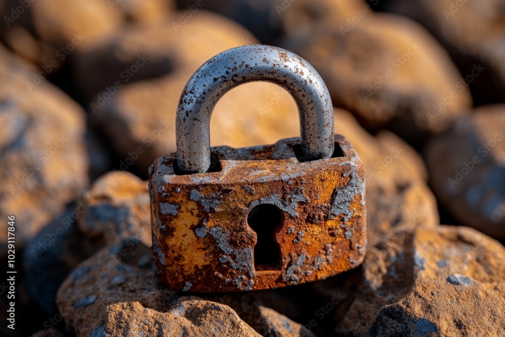 Poster hyper-realistic image of an old rusted padlock, with every flake of rust and weathered texture visib