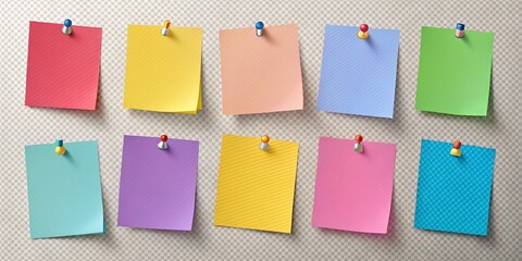 Realistic vector note papers featuring pins and tape, perfect for enhancing creative projects with a transparent background for seamless integration