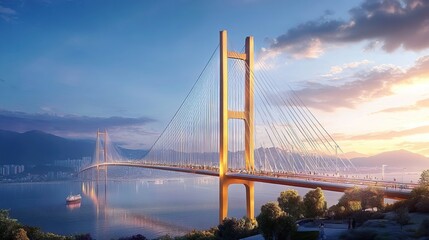 Obraz premium Golden Suspension Bridge over a Cityscape at Sunset