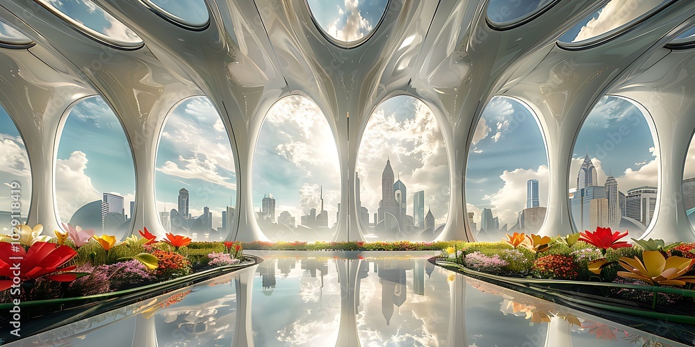 Poster futuristic building with a view of a modern city skyline through large windows.