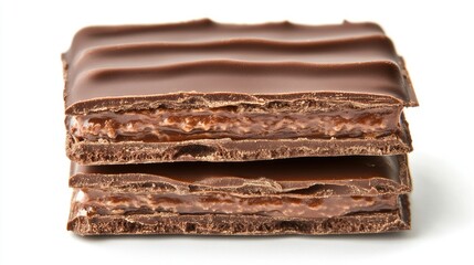 A broken chocolate wafer block, highlighting the interior wafer layers and smooth chocolate filling, isolated on white.