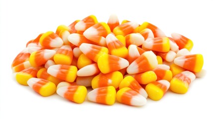Fototapeta premium Halloween candy corn in a festive pile, bright orange, yellow, and white colors, isolated on white background