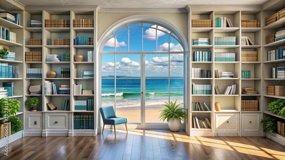 Poster a library setting featuring window views of beach scenery enhances the ambiance of creativity and re