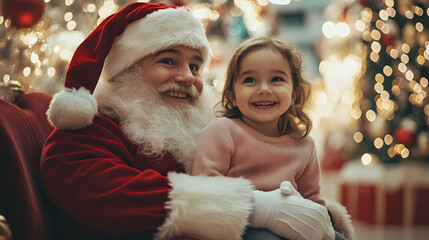 A child sitting on Santas lap smiling in a beautifully decorated mall Santas grotto.