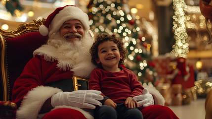 A child sitting on Santas lap smiling in a beautifully decorated mall Santas grotto.