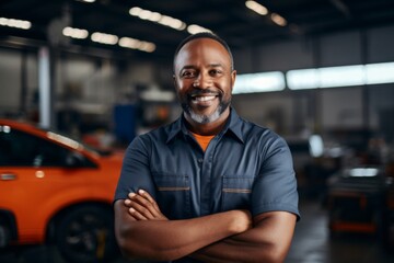Obraz premium Portrait of a smiling middle aged African American car mechanic