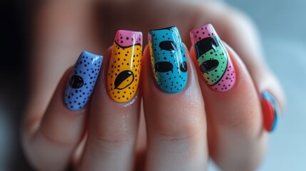 Nails showcasing a Pop Art theme with bold colors, cartoon-like speech bubbles, and comic-style graphics, glossy surface, close-up shot capturing the bright colors and clean lines,