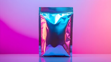 A glossy snack bag, neon colors, abstract geometric patterns, futuristic kitchen setting, soft LED lighting, isolated on white background