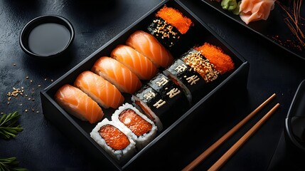 A glossy sushi packaging box with Japanese-inspired typography, set on a sleek black dining table with chopsticks and soy sauce beside it