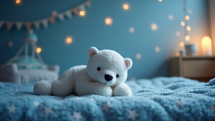 Cozy polar bear plush on starry blanket in glowing nursery