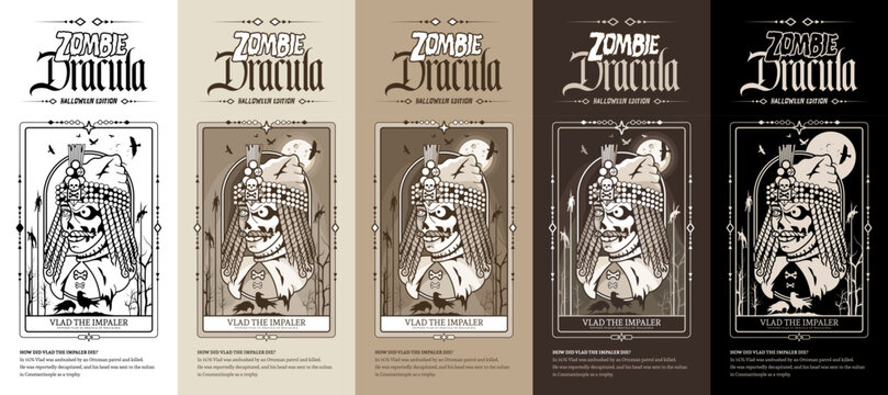 Zombie Count Dracula Illustrations Set in Medieval Style. Vlad III Dracula of Wallachia, Vlad the Impaler or Vlad Tepes, Halloween Edition. Famous literary and historical character.