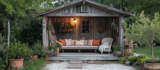 Obraz premium Rustic wooden cabin porch with a couch and a wicker chair.