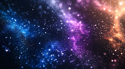 Fototapeta premium Nails with a dreamy galaxy pattern, featuring deep indigo and black backgrounds with radiant purples and blues, stars scattered throughout, glitter adding a subtle shimmer,