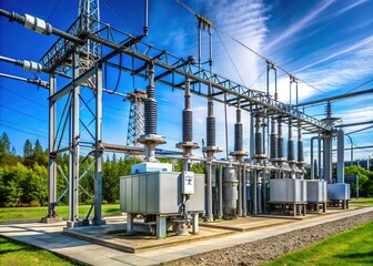 Modern Electrical Substation with Transformer Equipment - High Depth of Field Image of Power Plant Infrastructure
